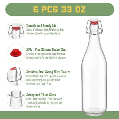6 Pack [1 Liter / 33 fl. oz.] Swing Top Glass Bottles – Airtight Flip Top Brewing Bottles for Kombucha, Beer, Wine, Kefir, Soda, Liquor – Includes Funnel, 2 Pourers, 6+6 Seals, 6 Labels & Jute Twine