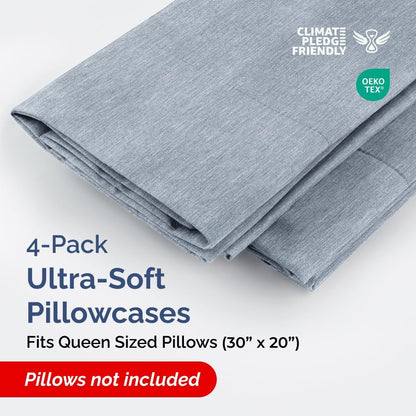 Skiennix Queen Pillow Cases Set of 4 | Ultra Soft Hotel Quality, Wrinkle Free, Fade Resistant - Heathered Blue