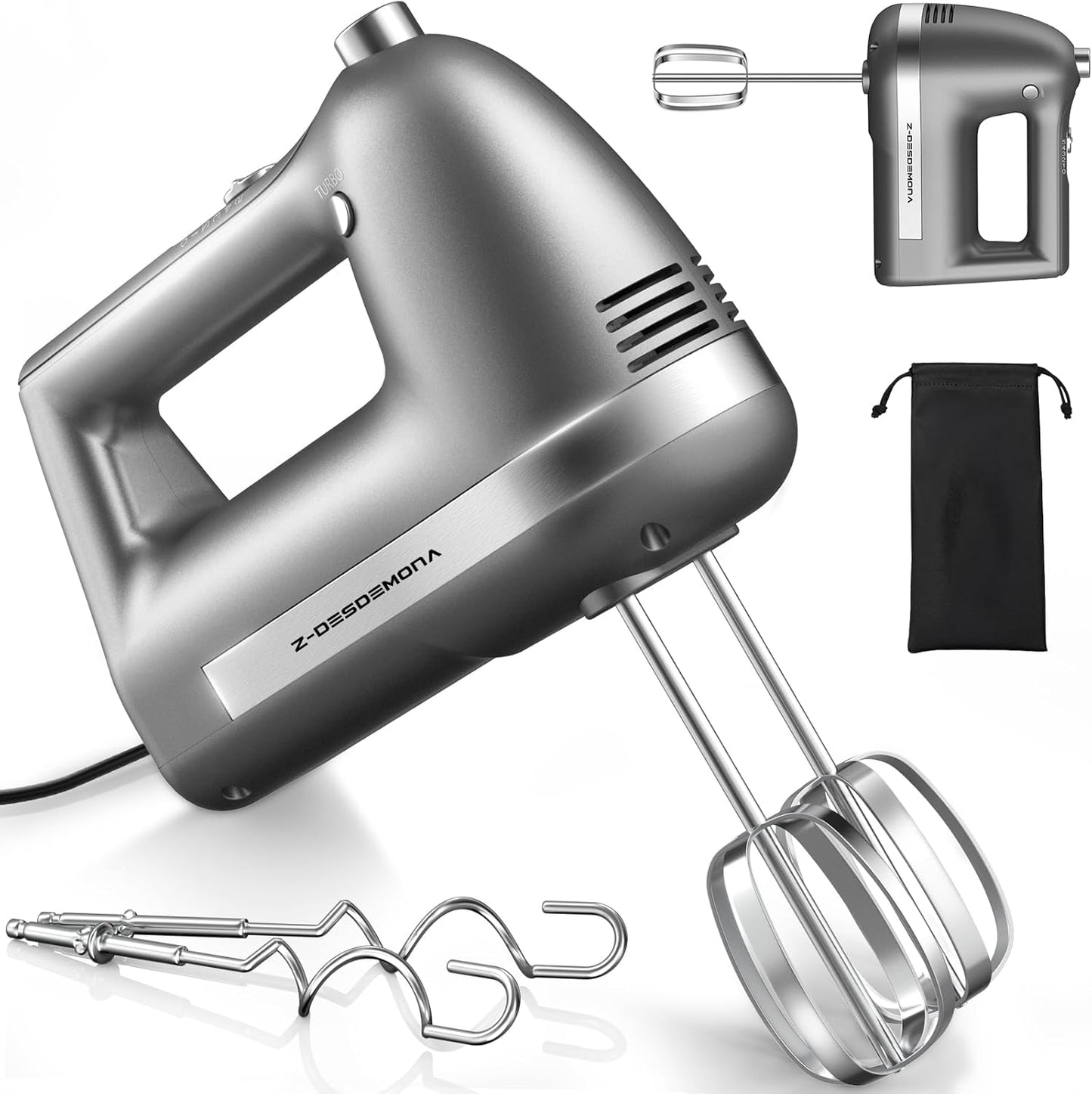 Skiennix Electric Hand Mixer - Powerful Handheld Mixer with 304 Beaters & Dough Hook | Turbo Function, Grey