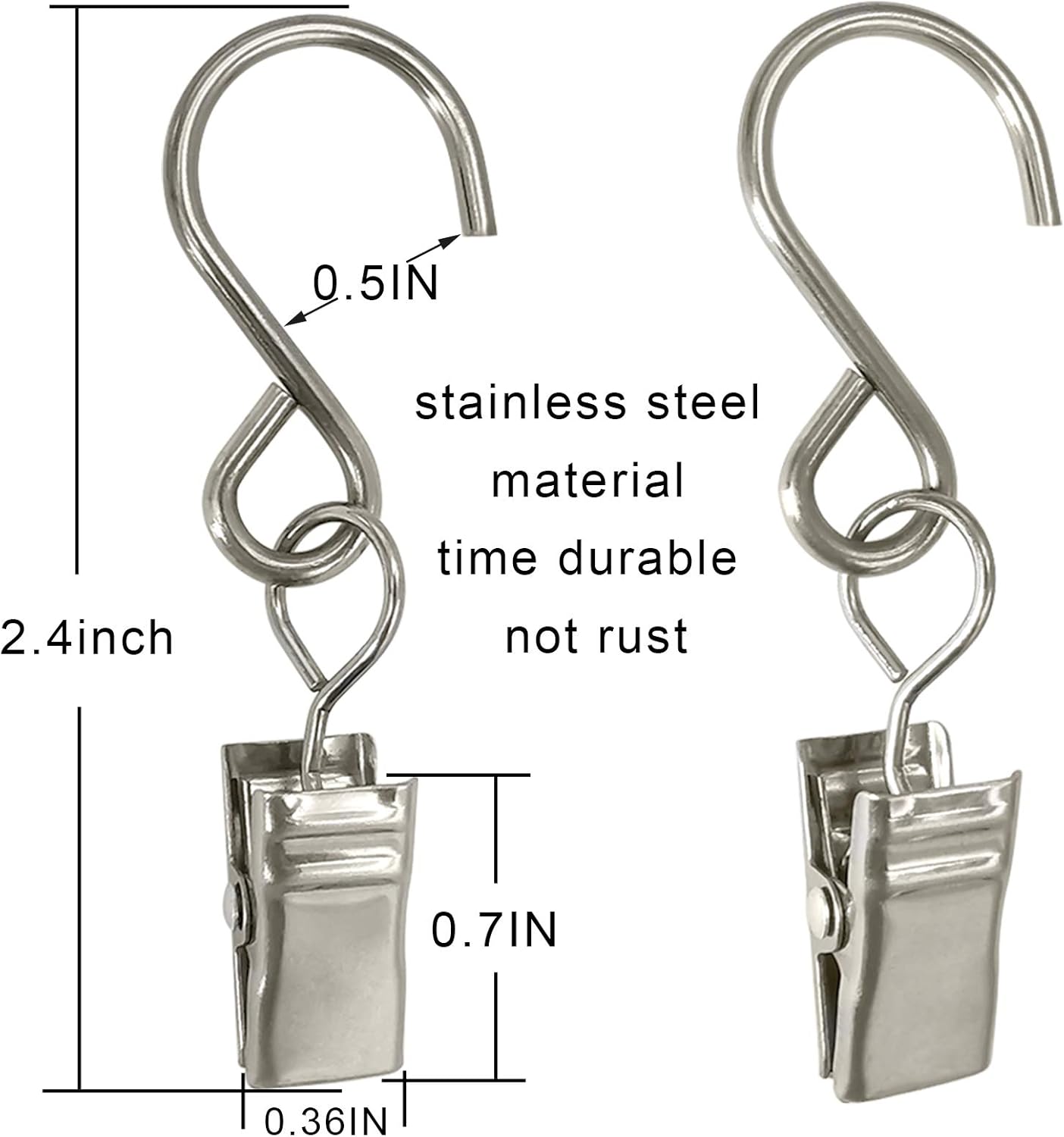 Stainless Steel S Hooks - 50 Pack Curtain Clips for Hanging Lights & Art Displays | 2.4 Inch, Silver