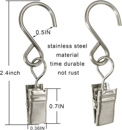 Stainless Steel S Hooks - 50 Pack Curtain Clips for Hanging Lights & Art Displays | 2.4 Inch, Silver