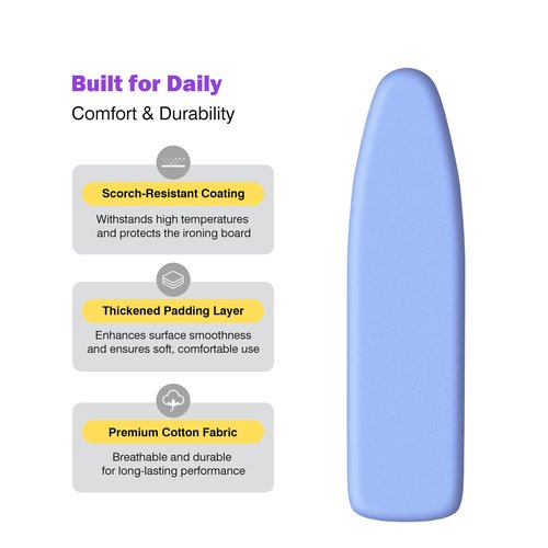 DoReMiLife Ironing Board Cover and Pad 15x54 Standard Size, Extra Thick Cotton Iron Board Cover with Padding, Silicone Coated and Scorch Resistant, Elastic Edge with Hook & Loop Strap, Heatproof Blue