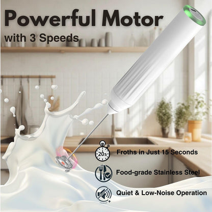 Skiennix Milk Frother - Rechargeable Electric Drink Mixer with 3 Whisks & Travel Case - White