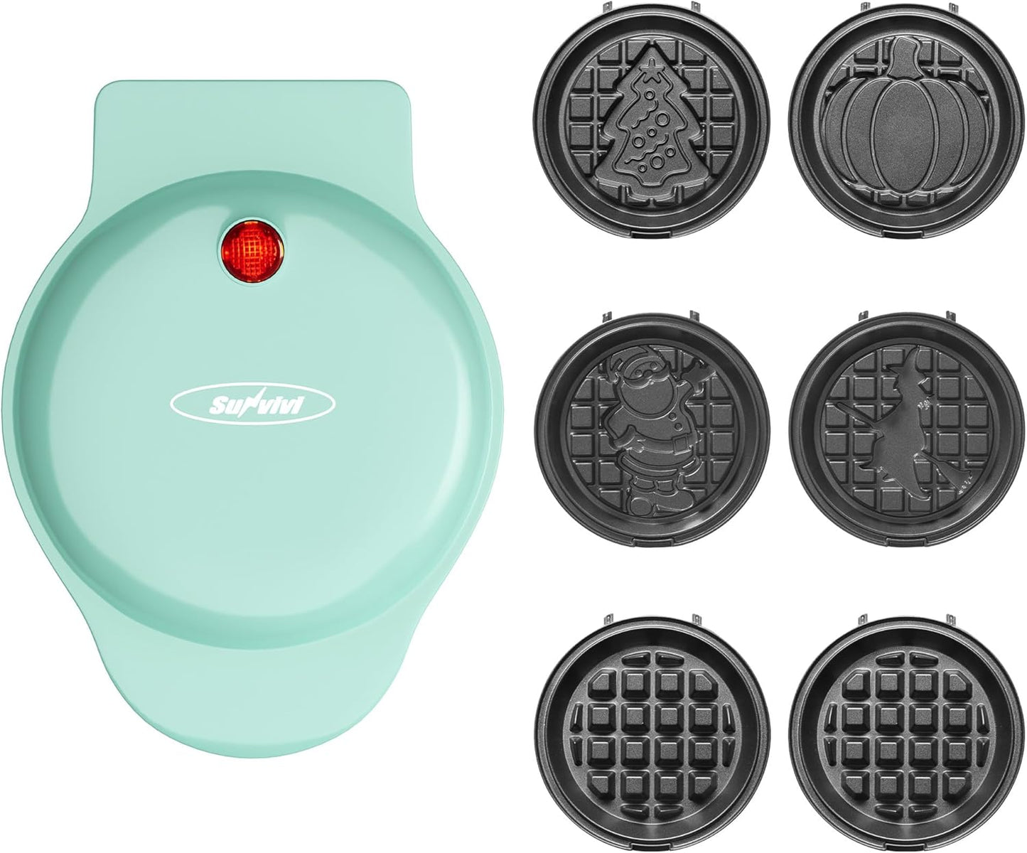 Sunvivi Mini Waffle Maker - 6-in-1 Nonstick Waffle Iron with Removable Plates Set | Light Blue