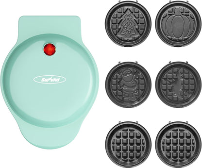 Sunvivi Mini Waffle Maker - 6-in-1 Nonstick Waffle Iron with Removable Plates Set | Light Blue