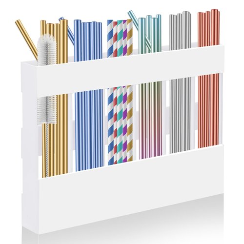 Acrylic Straw Holder for Cabinet, Reusable Straw Organizer with Double Sided Adhesive Tape Tumbler Straw Storage Container for Cupboard Drinking Straw Dispenser for Kitchen Counter (White)