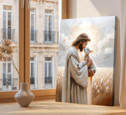 Jesus Holding Lamb Canvas Wall Art - Framed Christian Decor for Home | 12x16in Good Shepherd Painting