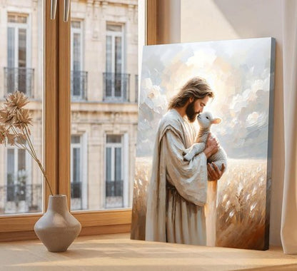 Jesus Holding Lamb Canvas Wall Art - Framed Christian Decor for Home | 12x16in Good Shepherd Painting