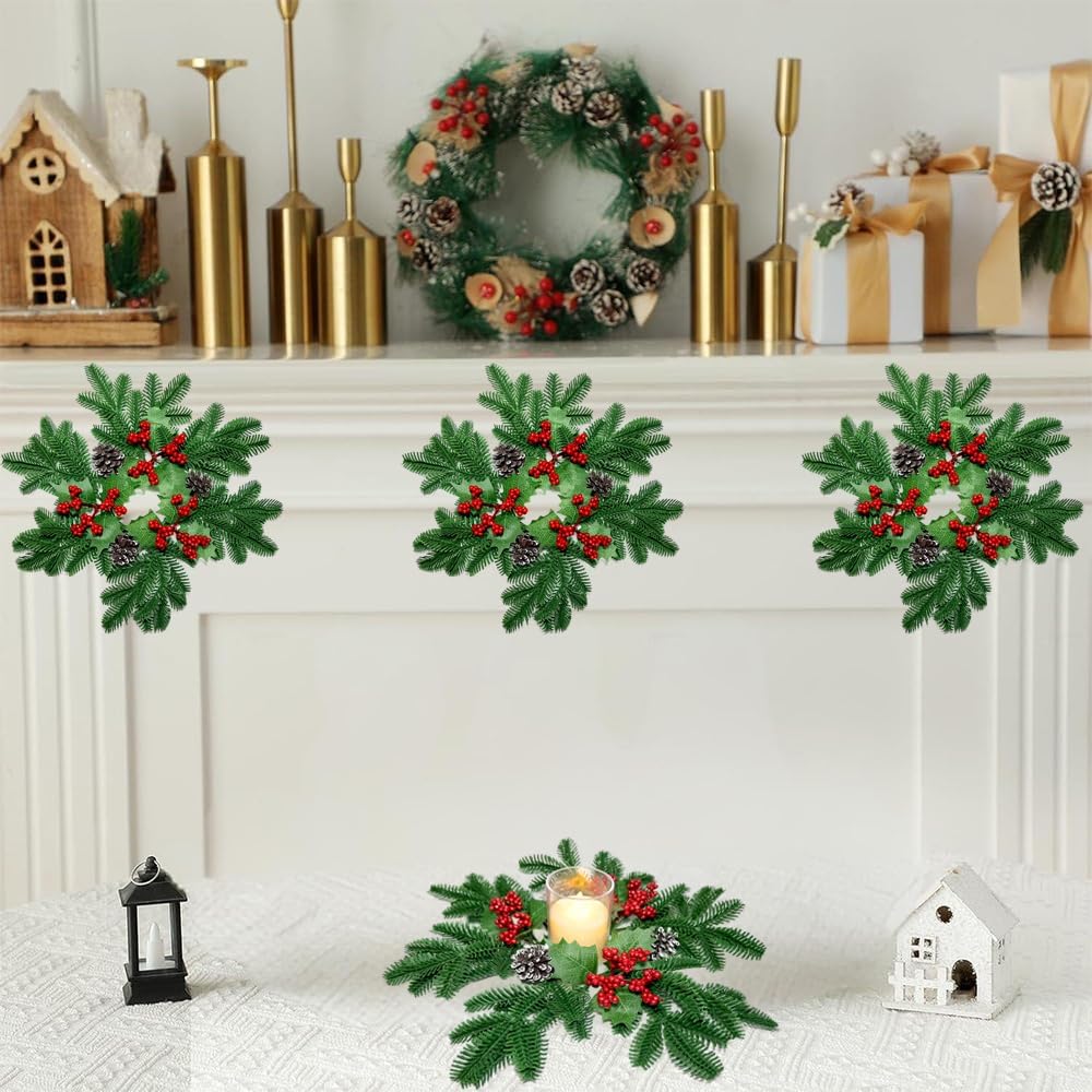 Skiennix Christmas Small Wreaths - 3Pcs 13.5-Inch Greenery Pine Candle Holder Rings for Home Decor