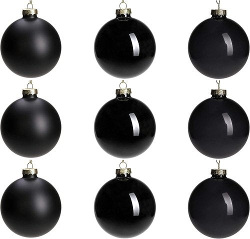 DN DECONATION Black Glass Christmas Ornaments - 3.15” Hanging Baubles for Gothic Tree Decor | Set of 9