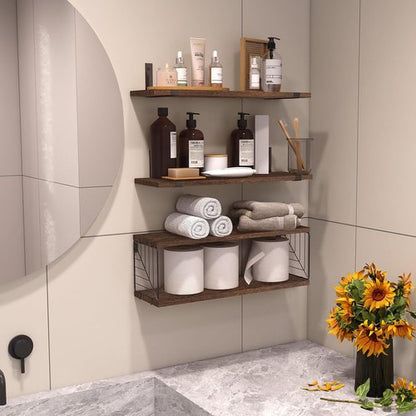 Fixwal Floating Bathroom Shelves - Rustic 15.8in Wood Wall Decor for Bathroom, Living Room & Kitchen | Dark Brown