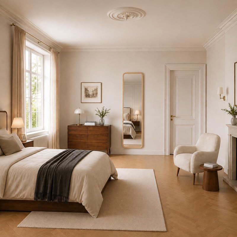 Oak Full Length Mirror with Stand 18" x 63" - Natural Wood Framed Floor Mirror