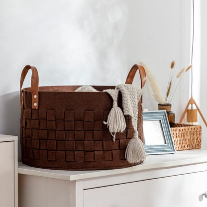 BOLDMONKEY Laundry Basket - Large Felt Fabric Hamper with Leather Handle | 20" x 20" x 11.8" - Brown