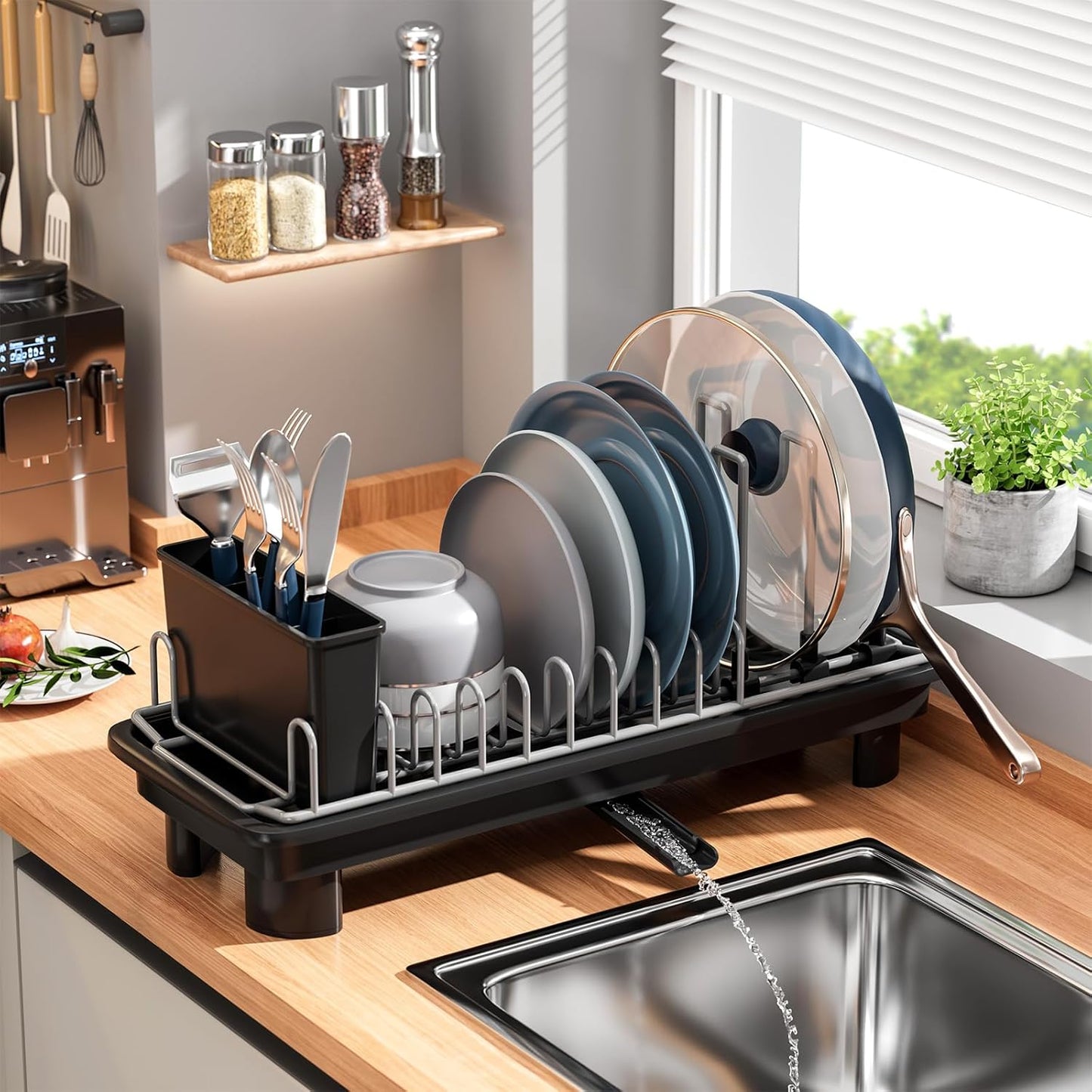 SanDream Dish Drying Rack - Stainless Steel with Removable Utensil Holder & Anti-Scratch Base | Space-Saving Design, Black