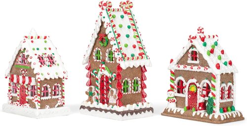 Mark Feldstein & Associates Gingerbread Village Tea Light Figurines - Red Porcelain Set of 3 (8 Inch)