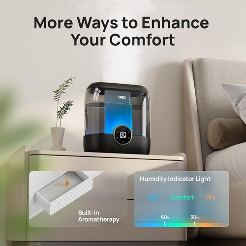 DREO Smart Humidifier - 6L Top Fill Cool Mist for Large Rooms | 60-Hour Runtime, Quiet & Night Light, Black