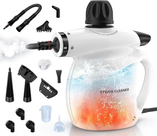 Skiennix Steam Cleaner - Pressurized Handheld Deep Cleaning Steamer with 13 Accessories | Portable for Home, Car, and Upholstery - White
