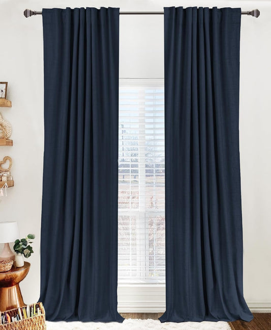Skiennix 100% Blackout Linen Curtains - Thermal Insulated Drapes for Bedroom | 50" W x 108" L, Navy