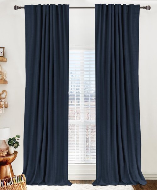 100% Blackout Shield Linen Blackout Curtains for Bedroom 96 Inches Long, Back Tab/Rod Pocket Living Room Drapes, Thermal Insulated Blackout Curtains 2 Panels Set, 50" W x 96" L, Navy