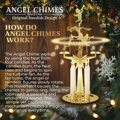 Swedish Angel Chimes | Original Carousel with 4 Candles - Festive Gold Brass Home Decoration Since 1948