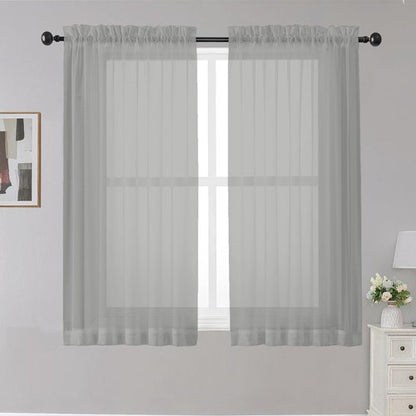 OWENIE Sheer Curtains Grey 45 Inches Long, Light Filtering Tiers for Kitchen, Basement, Bedroom, Short Panels Rod Pocket 2 Panels, Cafe Small Window, 42" W x 45" L