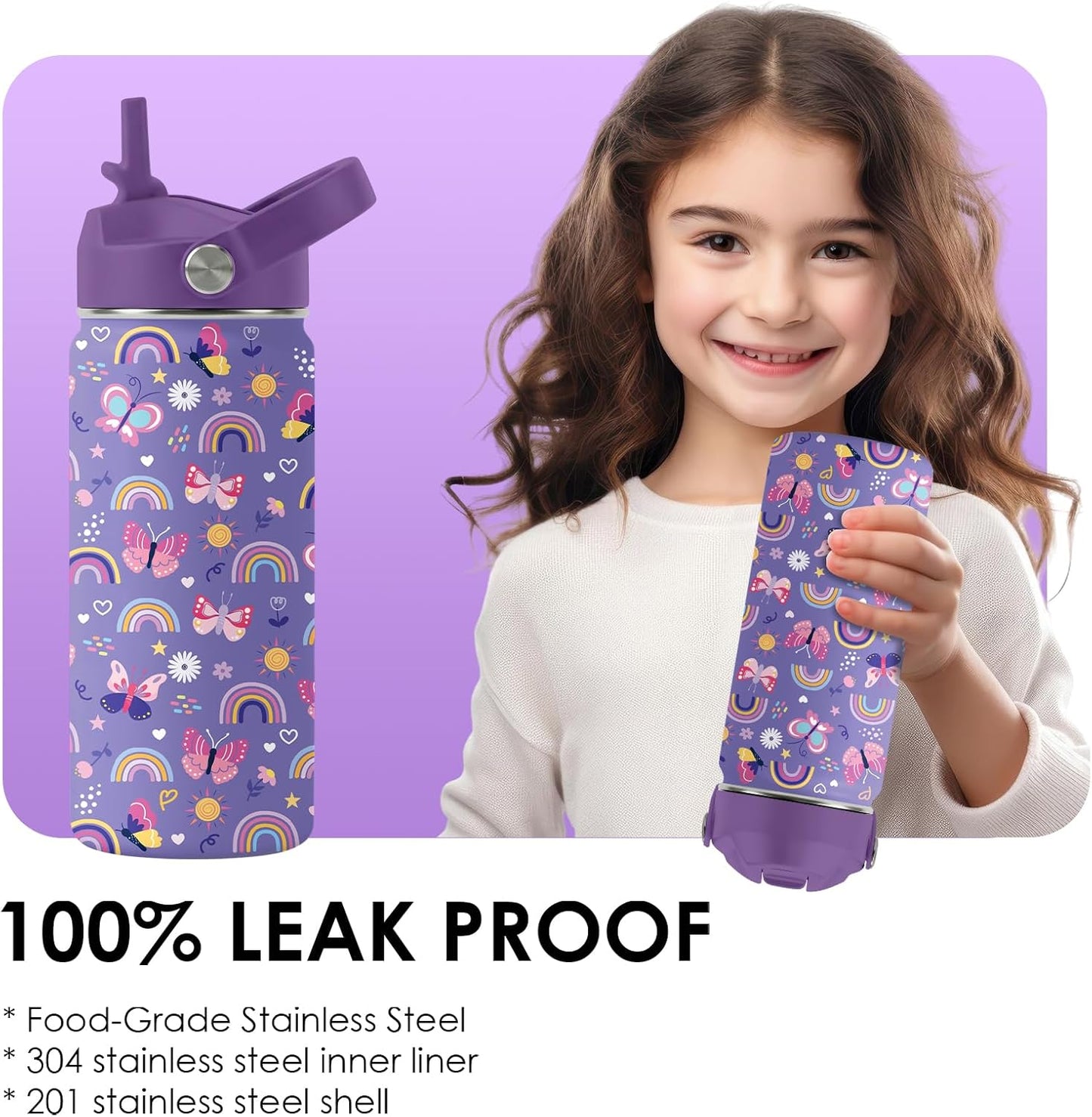 Skiennix 16oz Purple Kids Water Bottle - Stainless Steel Insulated Tumbler with Straw Lid | Leakproof & BPA-Free, Perfect for School & Travel
