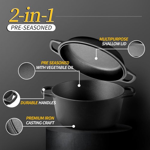EDGING CASTING 2-in-1 Pre-Seasoned Cast Iron Dutch Oven & Skillet Lid | 7QT Versatile Cookware for Baking & Frying