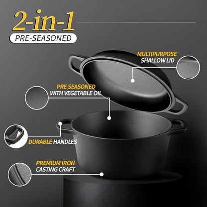 EDGING CASTING 2-in-1 Pre-Seasoned Cast Iron Dutch Oven & Skillet Lid | 7QT Versatile Cookware for Baking & Frying