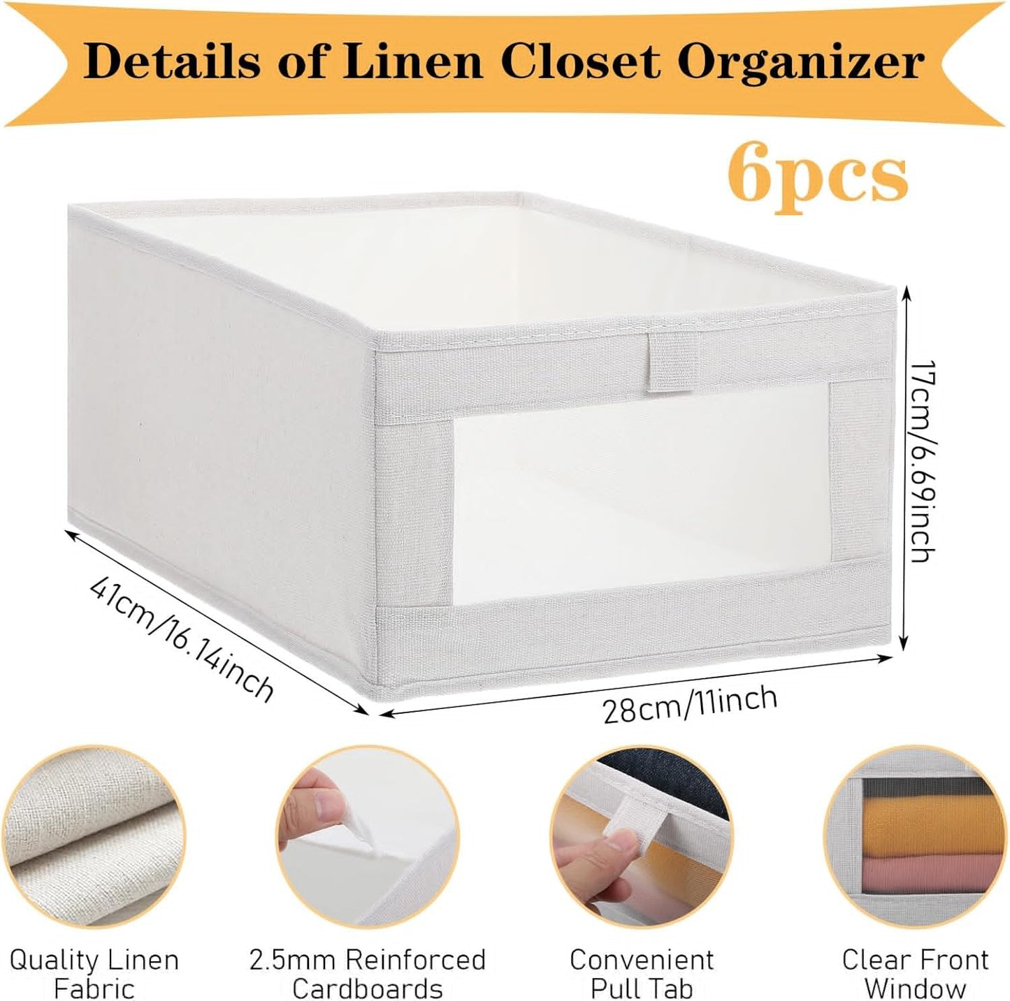 Foldable Linen Closet Organizers by [Brand Name] - Clear Window Storage Bins for Clothing & Towels | 6 Pack, Beige