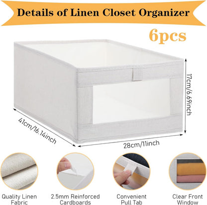 Foldable Linen Closet Organizers by [Brand Name] - Clear Window Storage Bins for Clothing & Towels | 6 Pack, Beige