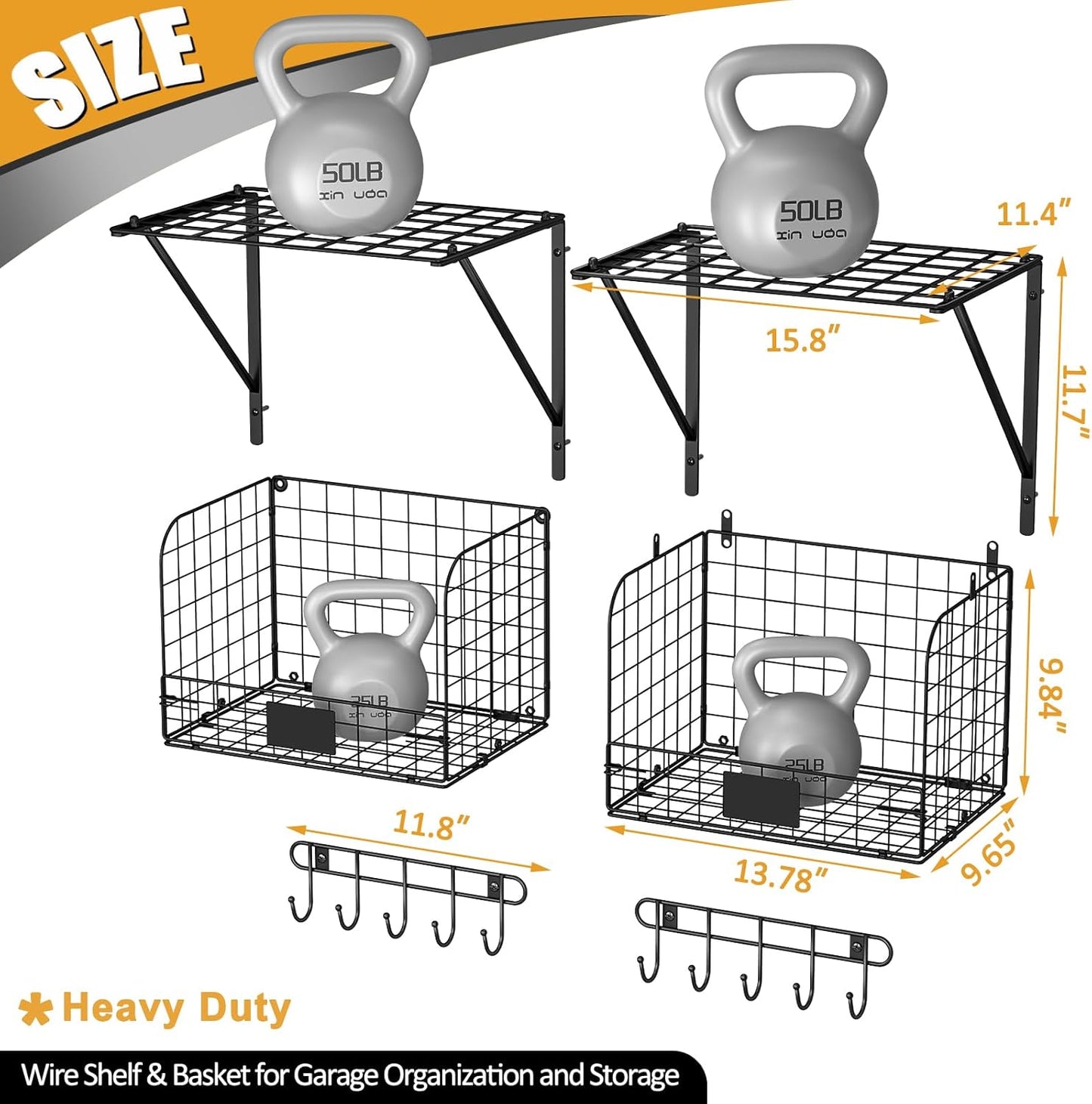 ThreeHio Garage Shelves - Heavy Duty Wall Mounted Storage with Wire Baskets & Hooks | 2 Pack