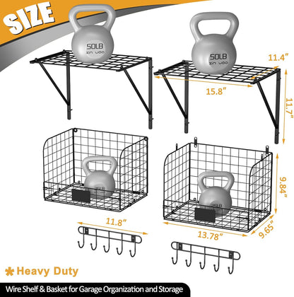 ThreeHio Garage Shelves - Heavy Duty Wall Mounted Storage with Wire Baskets & Hooks | 2 Pack