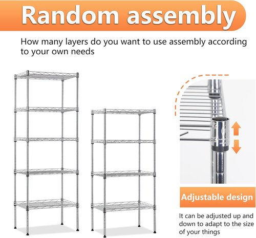 BestOffice 5-Tier Wire Storage Shelves - Heavy-Duty Metal | Adjustable Racks | Chrome Finish | 17x12x48 Inches | Holds Up to 750 lbs | Easy No-Tool Assembly for Home & Garage