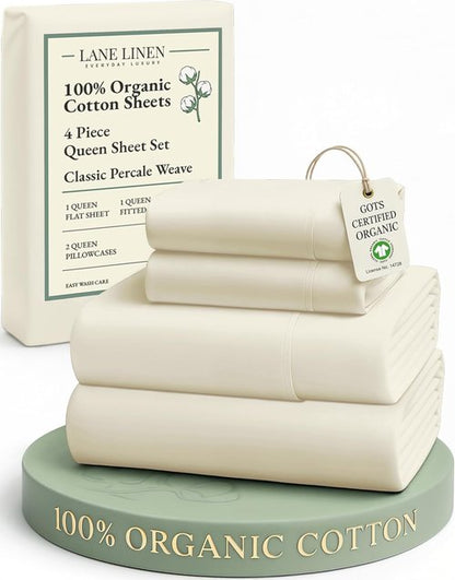 LANE LINEN 100% Organic Cotton Queen Sheets - Soft, Breathable 4-Piece Set with Deep Pockets - Natural