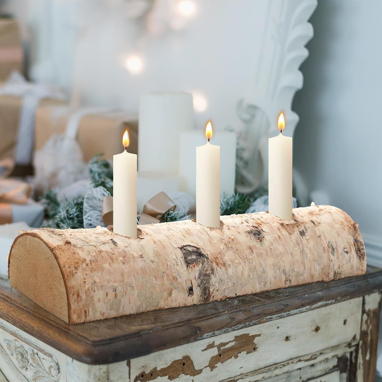 Roowest Birch Wood Taper Candle Holder Set - 3 Pcs Decorative Fireplace Log for Christmas Decor