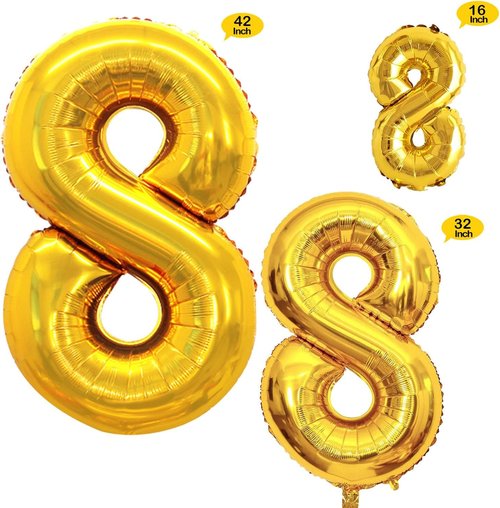 GOER Gold Foil Number 8 Balloons - Huge 42" & 32" Birthday Party Decorations (3 Pcs)