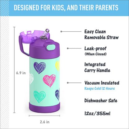 THERMOS FUNTAINER Water Bottle - 12 Ounce Kids Stainless Steel Vacuum Insulated with Straw | Hearts Design