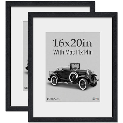 VCK 16x20 Picture Frame 2 Pack, Natural Wood Grain Black Oak & HD Glass, Display 11x14 Poster with Mat or 16x20 without Mat, Wall Hanging