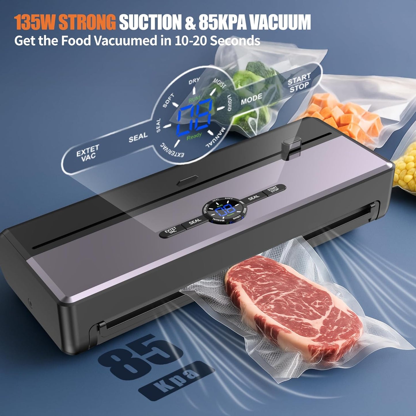 Skiennix Food Vacuum Sealer - 85KPA Strong Suction, Automatic Seal in 10-20 Secs, Includes 10 Bags & Roll