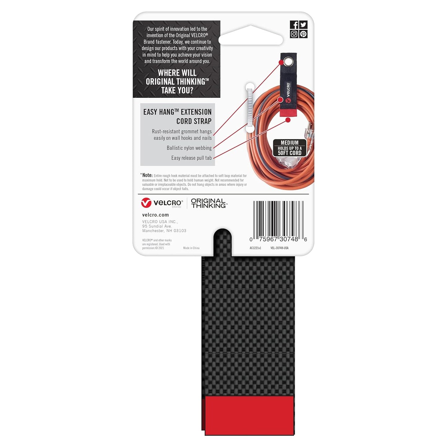 VELCRO Brand Easy Hang Extension Cord Organizer - Heavy Duty 75 lb Hold, 2 Pack, Medium 14 in, Black Straps for 25–50 ft Cords