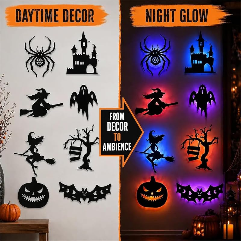 3Set Halloween Silhouette Wall Lights 3D LED Stickers - Spooky Wall Decals