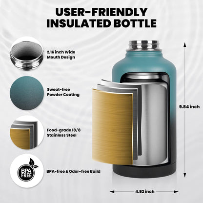 Skiennix Insulated Water Bottle - 64 Oz Triple Wall Vacuum Stainless Steel | Cold for 48 Hrs, Leak Proof, Non-BPA