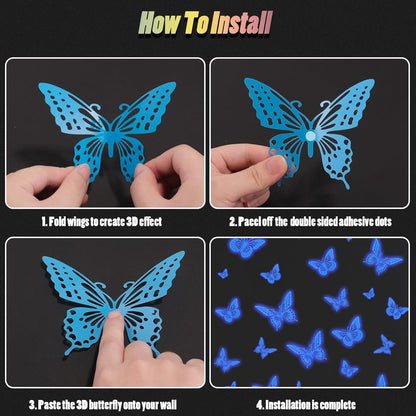 SAOROPEB Glow In The Dark Butterfly Stickers - 24 Pcs in 3 Sizes for Kids' Rooms | Luminous Wall Decor (Blue)