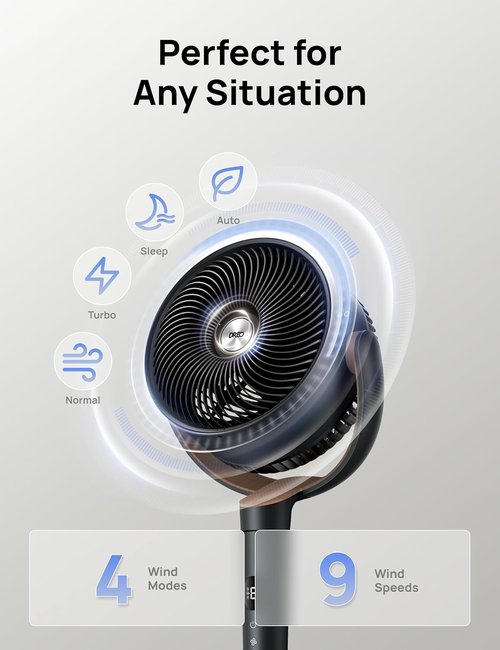 DREO Oscillating Standing Fan - Quiet 9-Speed Pedestal Fan with 120° Rotation & Adjustable Height 37-42" - Dark Gray