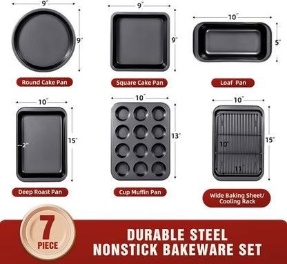 KITESSENSU Nonstick Baking Pans Set - 7-Piece Bakeware with Cake, Loaf, Muffin, Cookie, and Roast Pans | Pink