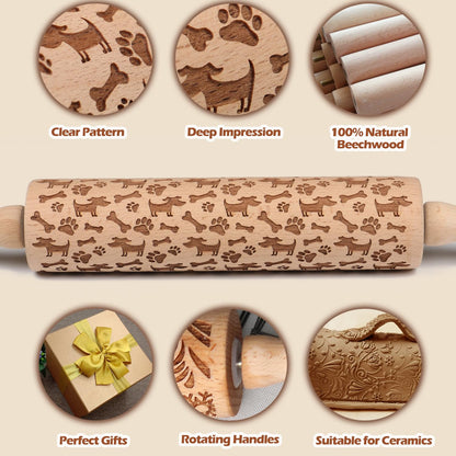 Embossed Rolling Pin for Baking Cookies Embossing Rolling Pins with Design Wooden Engraved Springerle Roller Pin Dough Animal Patterned Clay Pottery Ceramic Stamp Mold Gifts Bakers Women Kids (Dog)