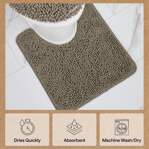 GORILLA GRIP Plush Absorbent Shaggy Chenille Bath Rug Mat for Square Toilet Base with Rubber Backing, Machine Washable Rugs, Soft Microfiber Contour Mats for Toilets, Bathroom Decor, Latte