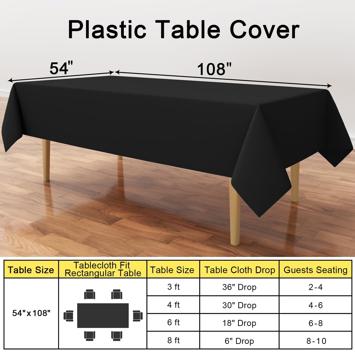 smiry Disposable Table Cloth 6 Pack, 54 x 108 Inch Table Cloths for Parties, Decorative Tablecloths for Rectangle Tables, Waterproof Plastic Table Cover, Leakproof & Sturdy, Black