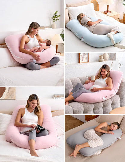 Momcozy U-Shaped Pregnancy Pillow - Full Body Maternity Support for Side Sleeping, 57 Inch, Pink