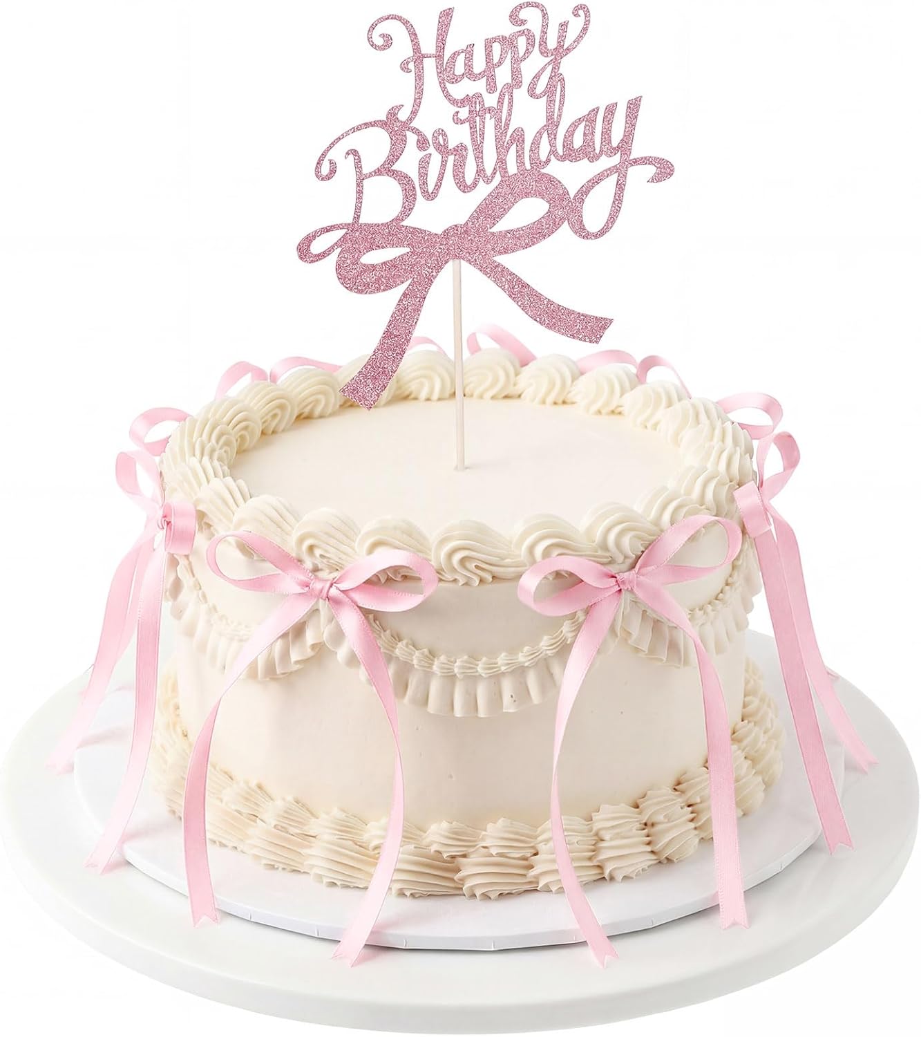 Skiennix Bow Cake Toppers - 18 PCS Pink Ribbon Bows with 1 Happy Birthday Topper | Perfect for Weddings & Showers